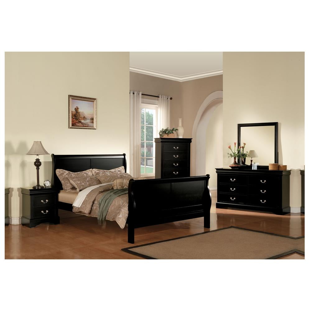 Elegant Queen-Sized Sleigh Bed with 6-Drawer Storage in Black Wood