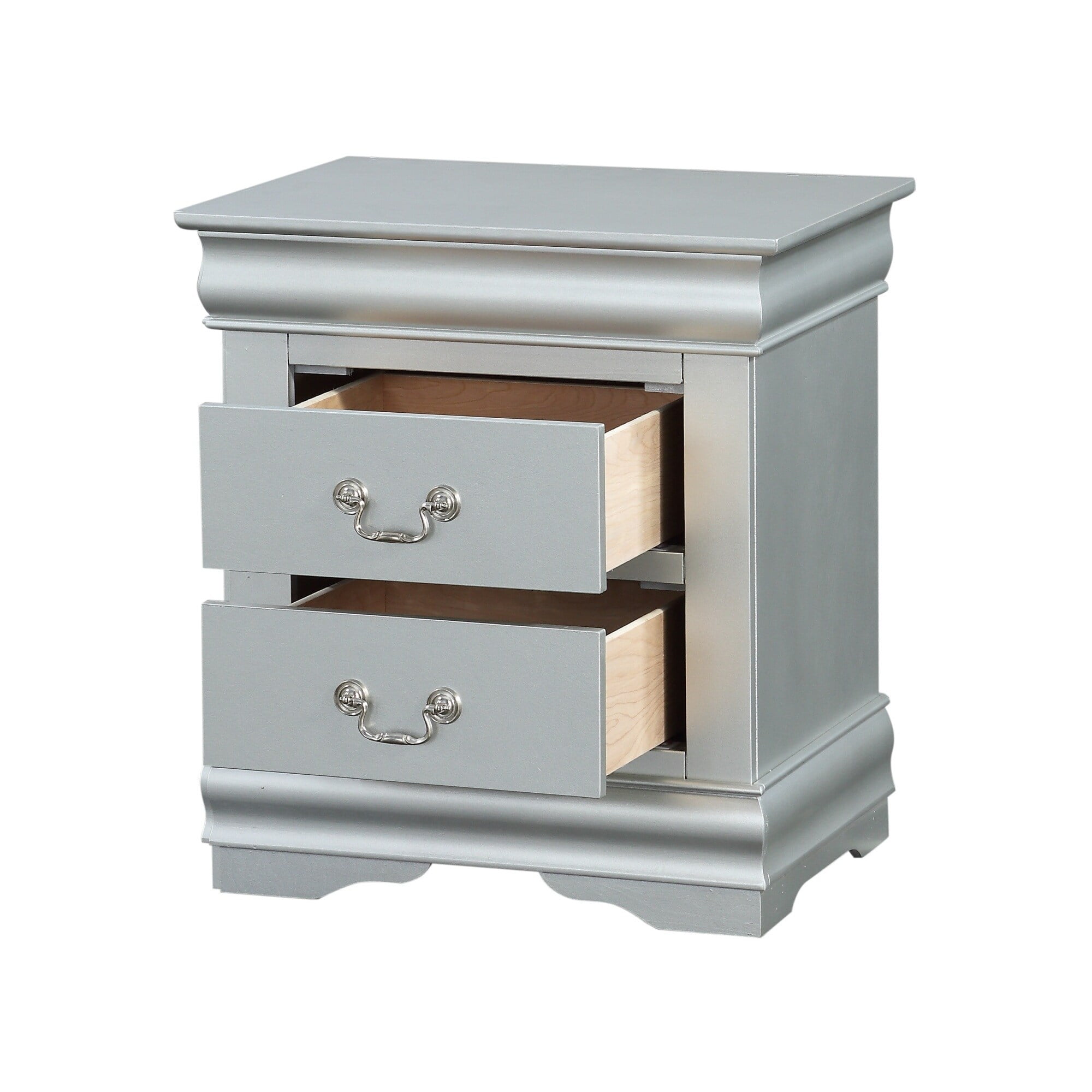 Silver Engineered Wood Nightstand with Nickel Hardware