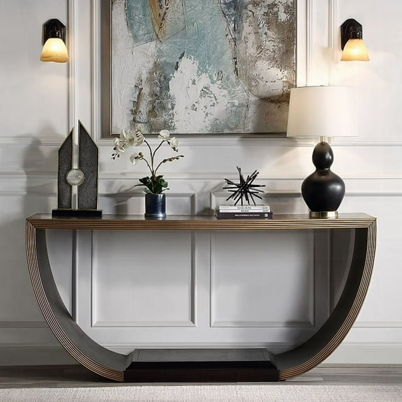 ACME Maceo Wood Half-Moon Console Table with Lower Shelf in Black & Gold