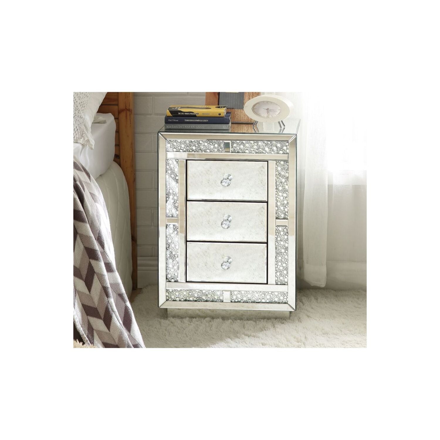 Mallika Mirrored 3-Drawer Accent Table with Faux Crystals
