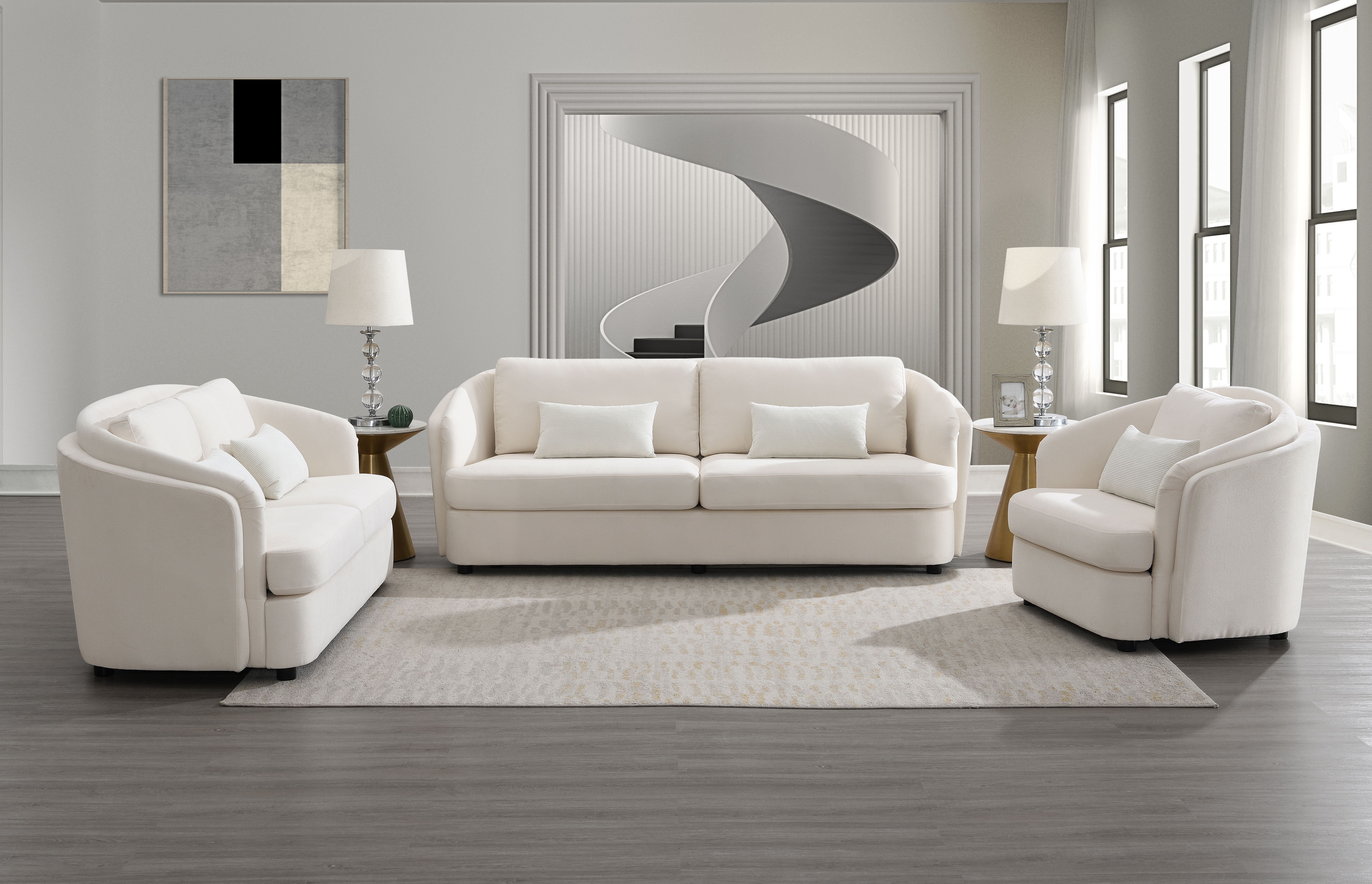 Beige Barrel Accent Chair with Wood Frame and Pillow