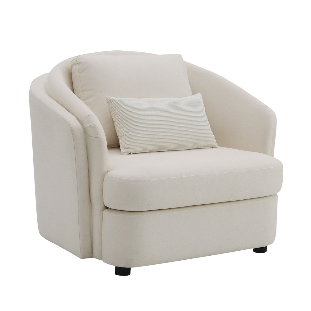 Beige Barrel Accent Chair with Wood Frame and Pillow