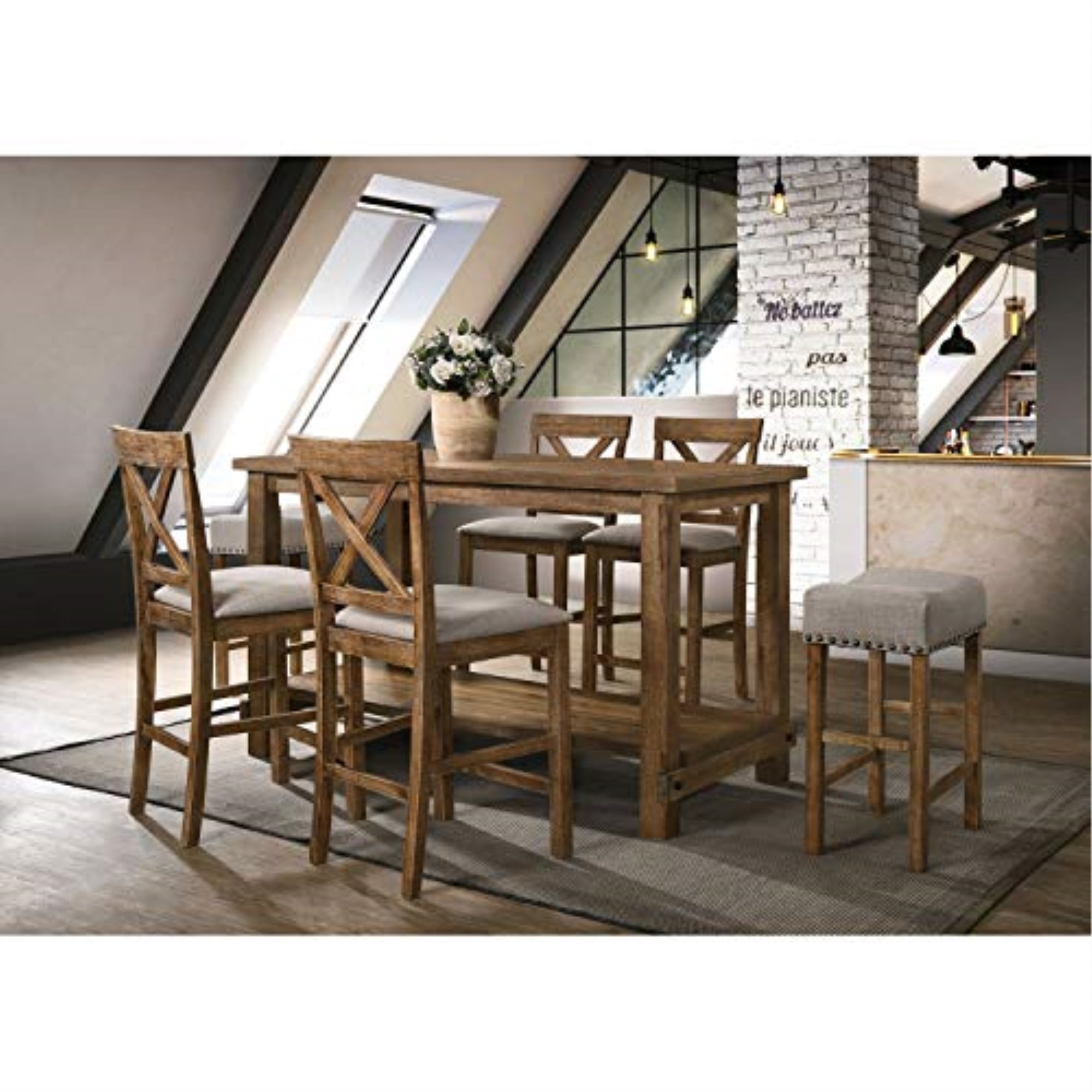Tan Linen and Weathered Oak Backless Saddle Counter Stool