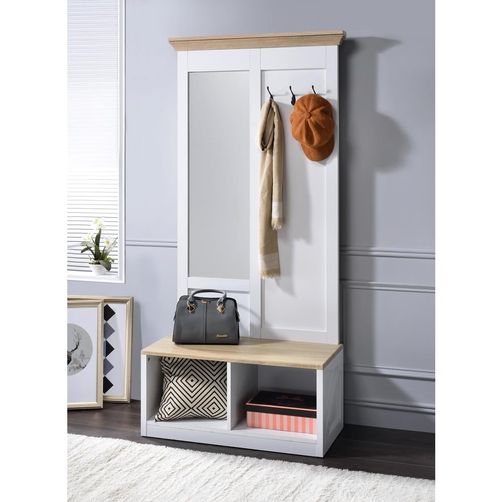Light Oak and White Hall Tree with Storage and Mirror