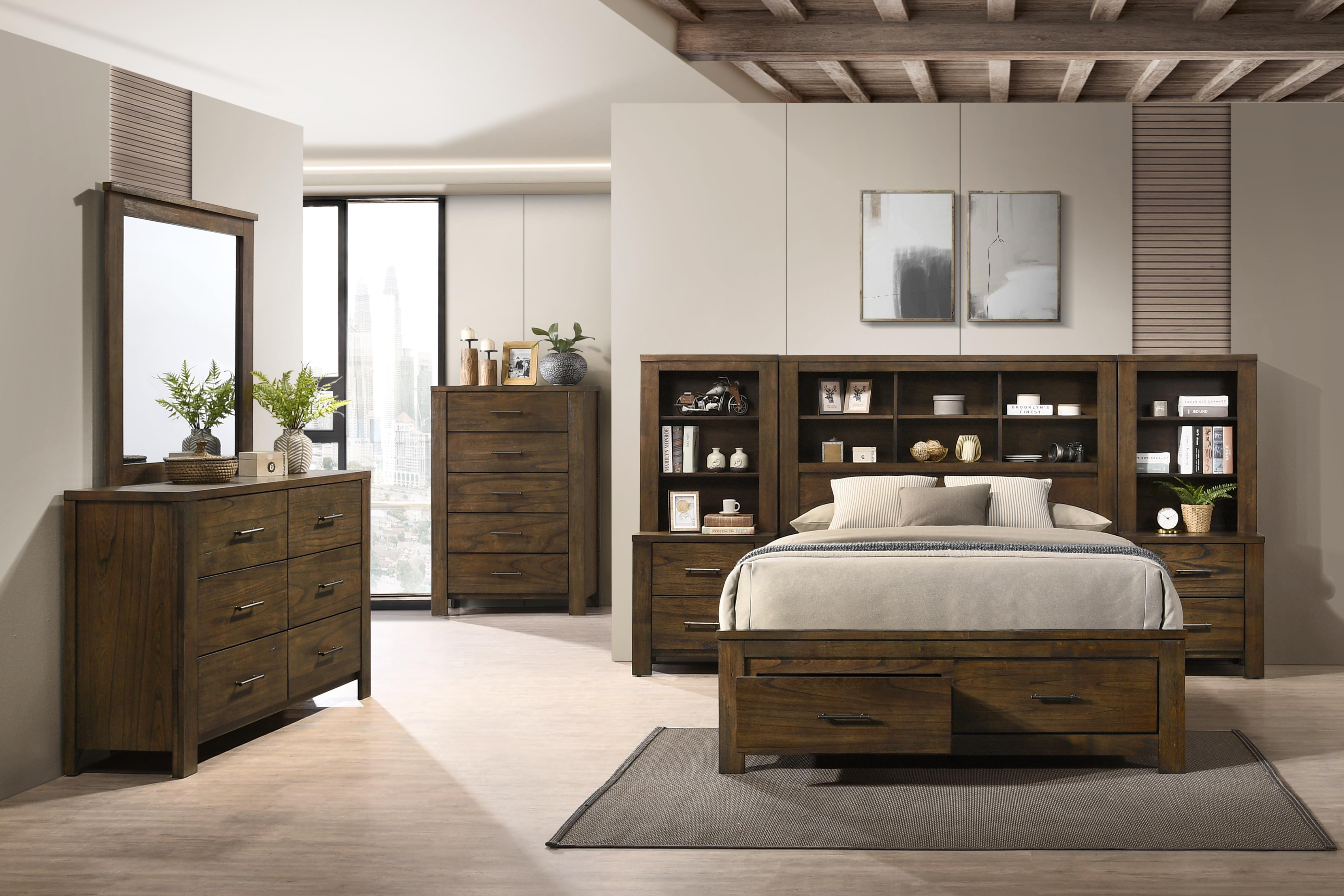 King Oak Wood Frame Bed with Storage Drawers and Headboard