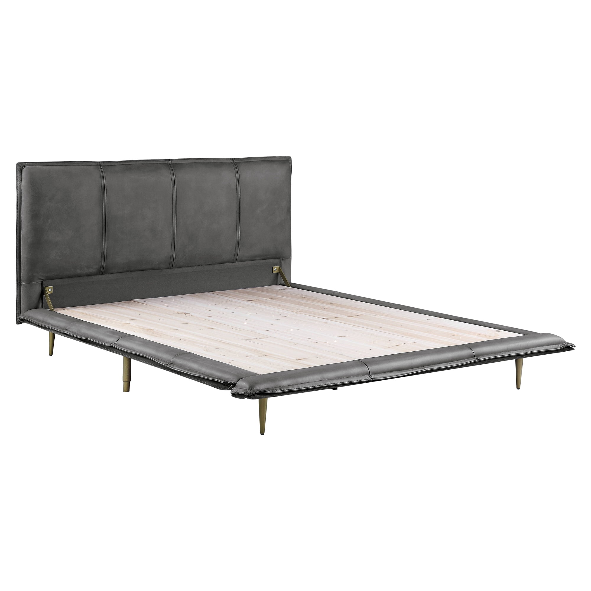 Metis Gray Top Grain Leather Upholstered Queen Bed with Metal Legs