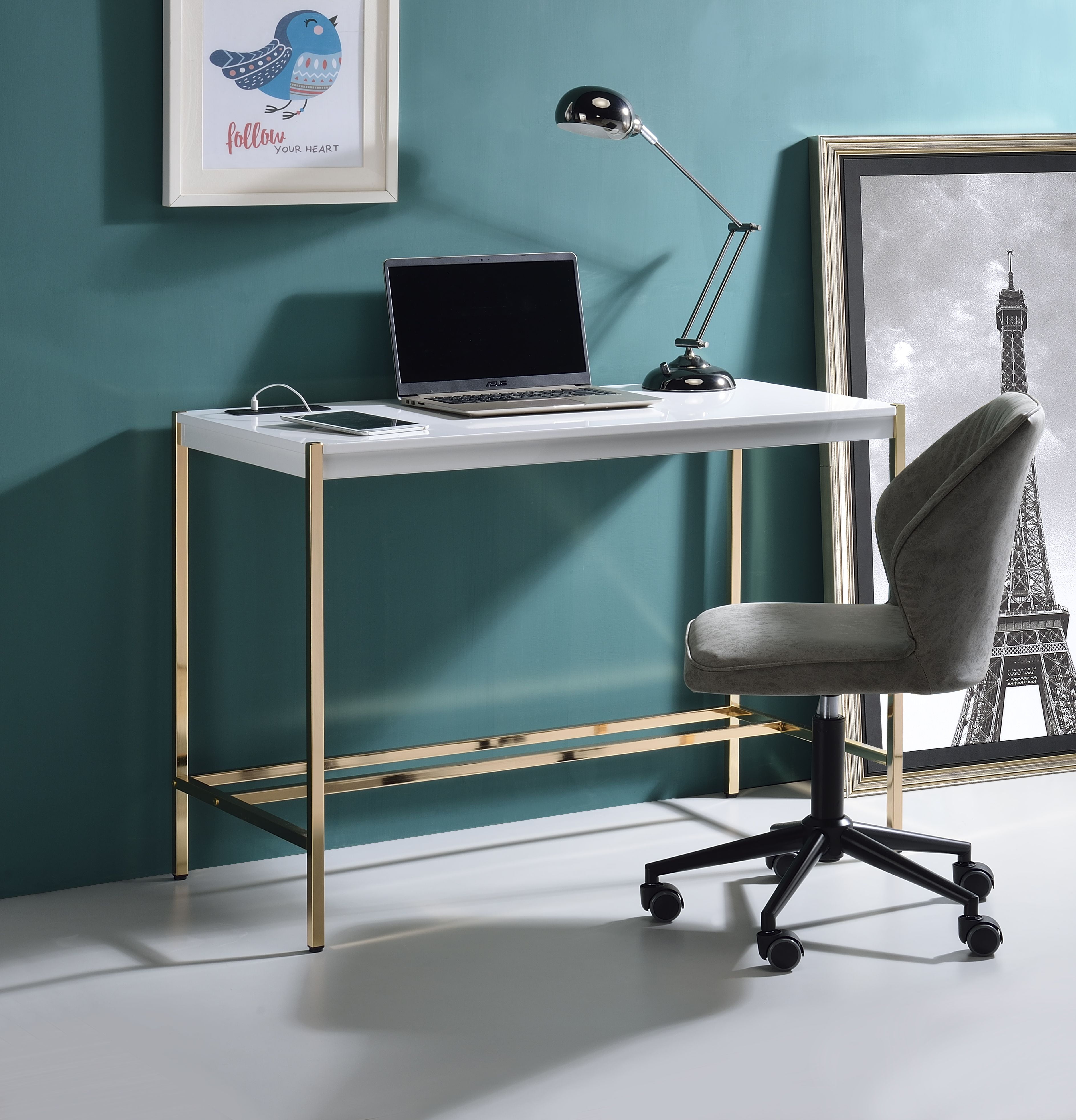 Elegance White & Gold Writing Desk with USB Port and Cable Management