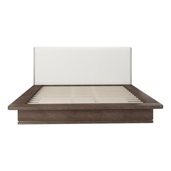 ACME Mikko Queen Bed in Cream Linen & Brown Oak