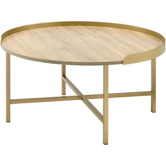 ACME Mithea Round Wooden Coffee Table with Tray Top in Oak and Gold