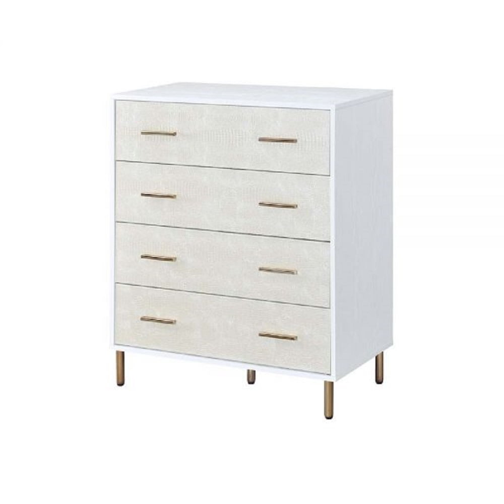 White and Gold 4-Drawer Chest with Crocodile Texture
