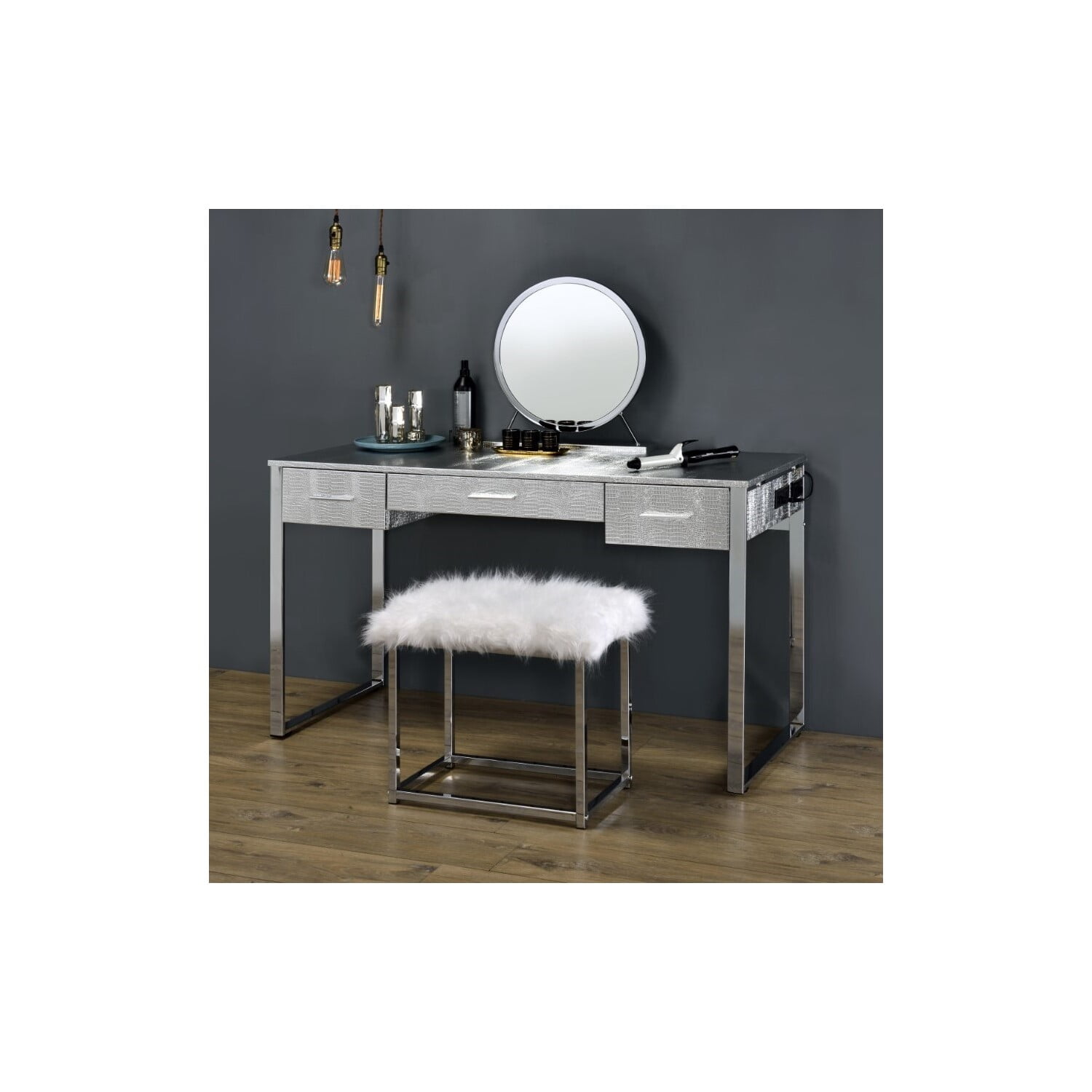 50" Antique White and Chrome Vanity Set with Faux Fur Bench