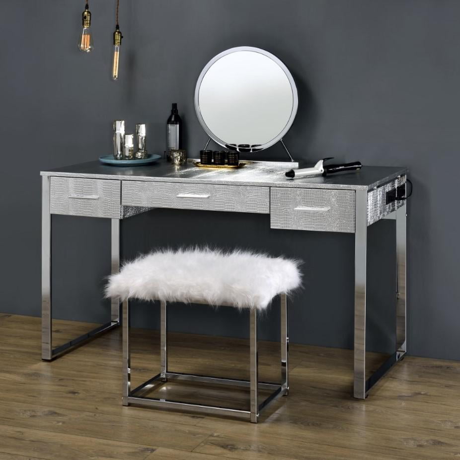 50" Antique White and Chrome Vanity Set with Faux Fur Bench