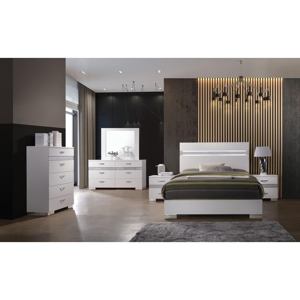 Luxe Bright White and Gray King Bed with Mirrored Accents