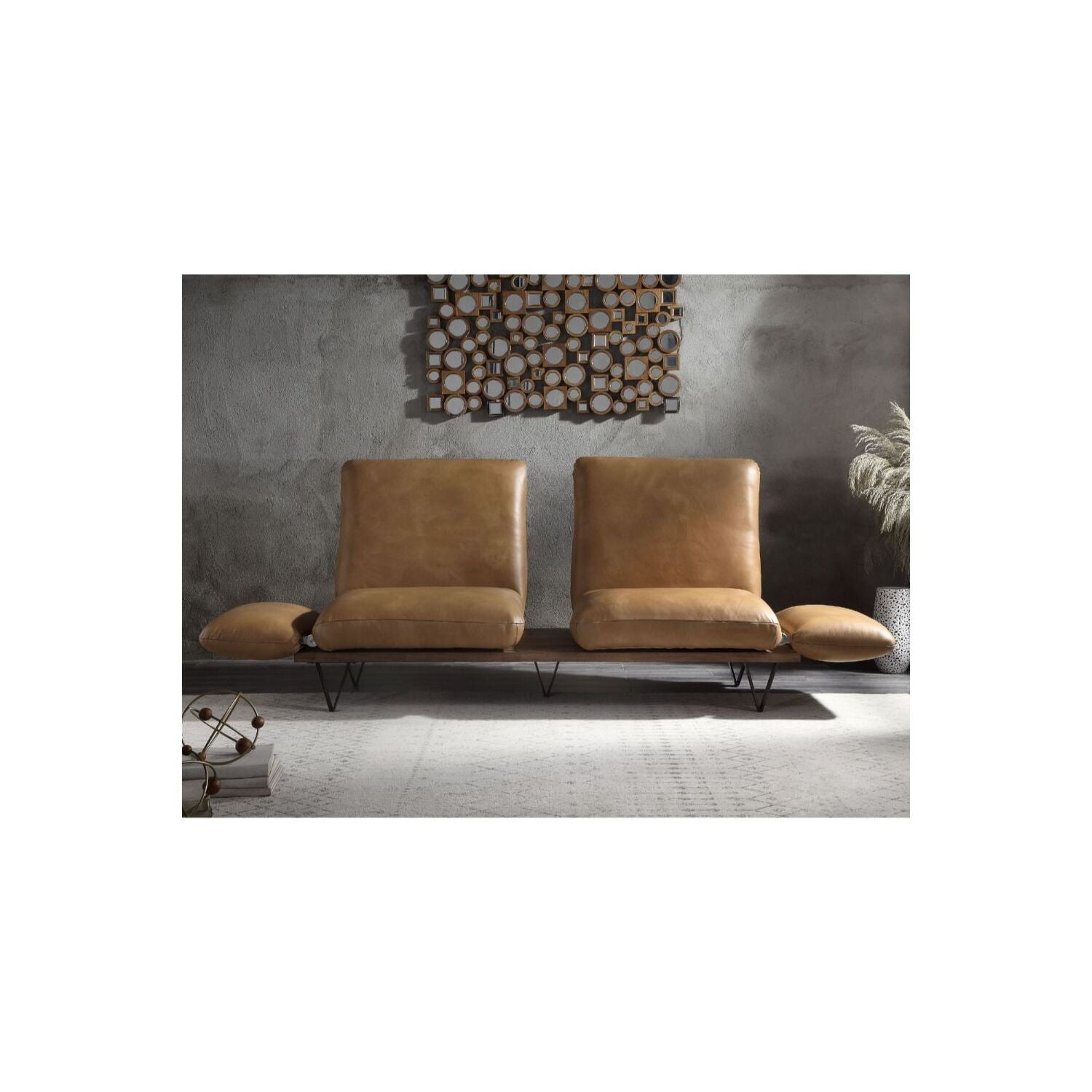 Nutmeg Top Grain Leather Round Arm Sofa with Solid Wood Base