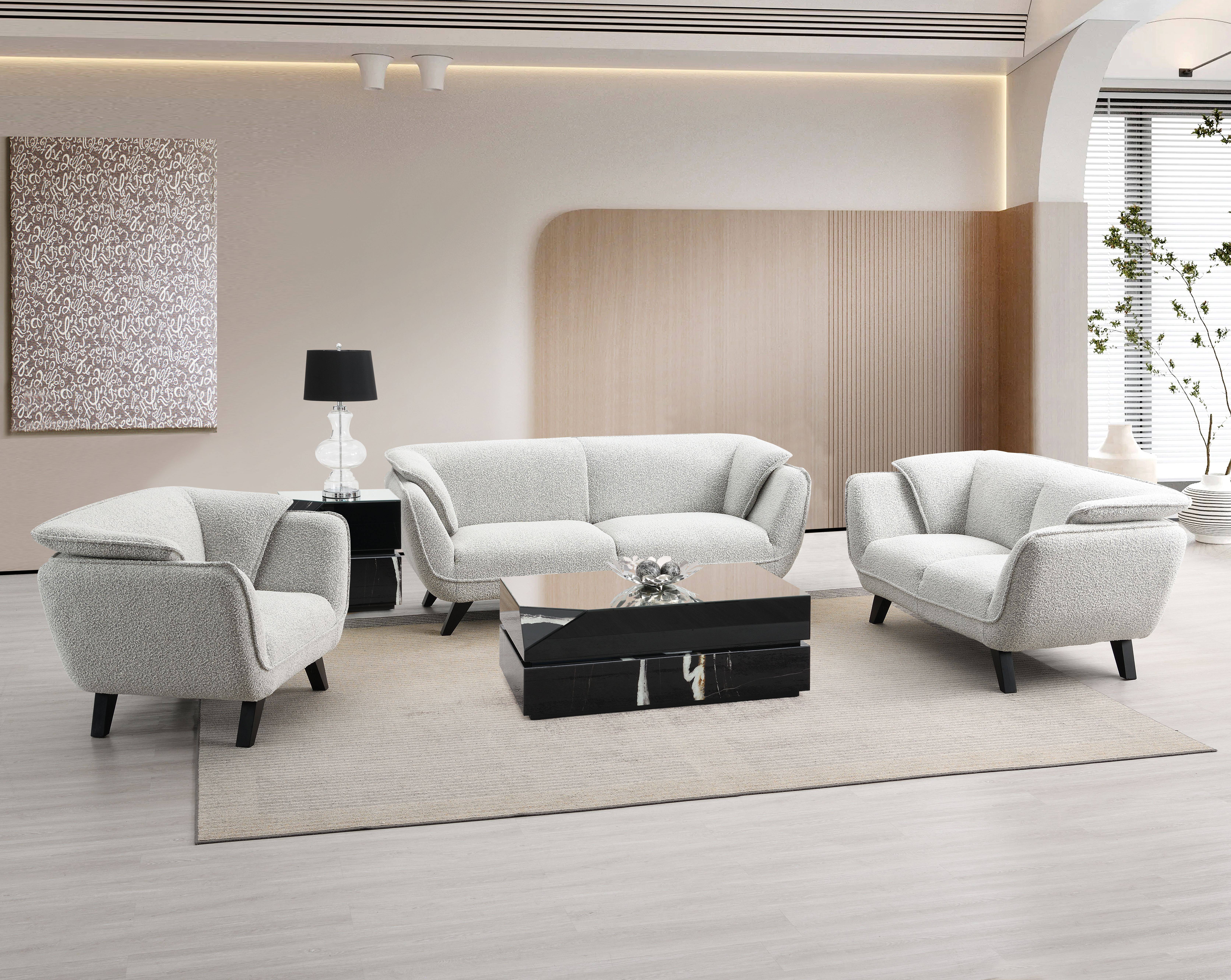 Light Gray Boucle Fabric and Wood Loveseat with Flared Arms