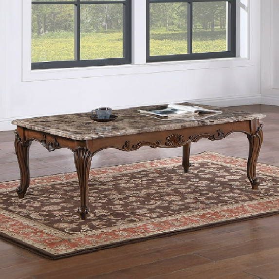 ACME Nayla Marble Rectangular Coffee Table with Floral Legs in Cherry