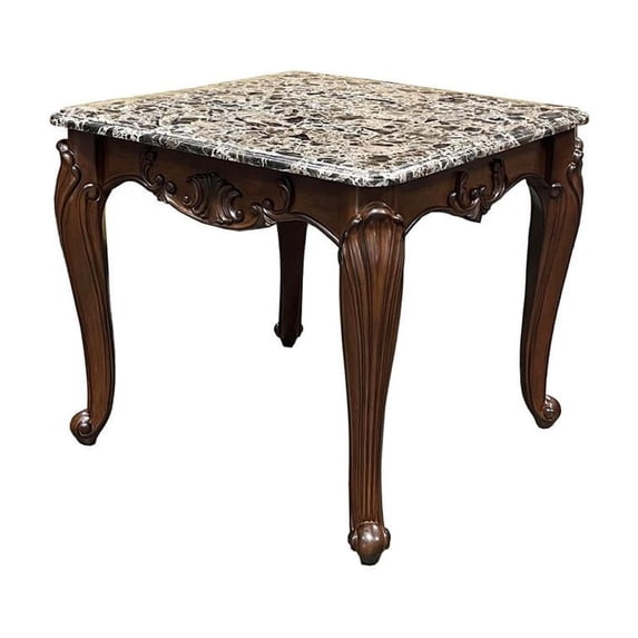 ACME Nayla Marble Rectangular End Table with Floral Legs in Cherry
