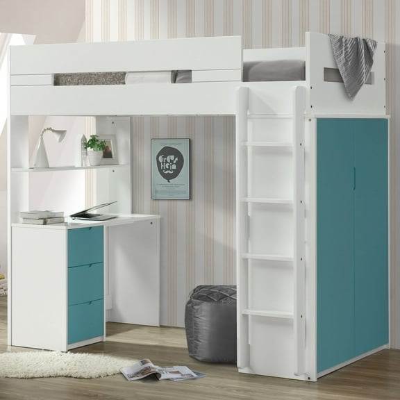 ACME Nerice Twin Storage Loft Bed in White and Teal