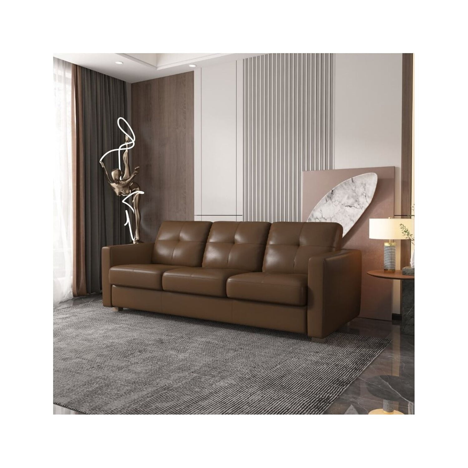 Brown Leather Queen Tufted Sleeper Sofa with Wood Frame