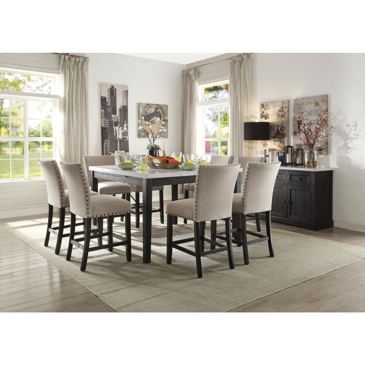 ACME Nolan Counter Height Table White Marble Weathered Black Chairs Separately