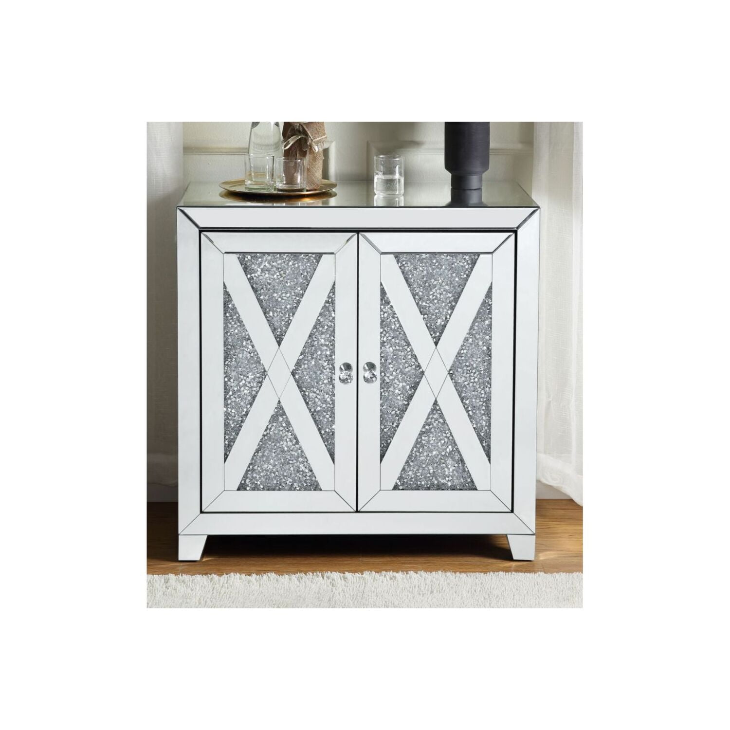 Mirrored Glam Console Table with Faux Diamond Storage
