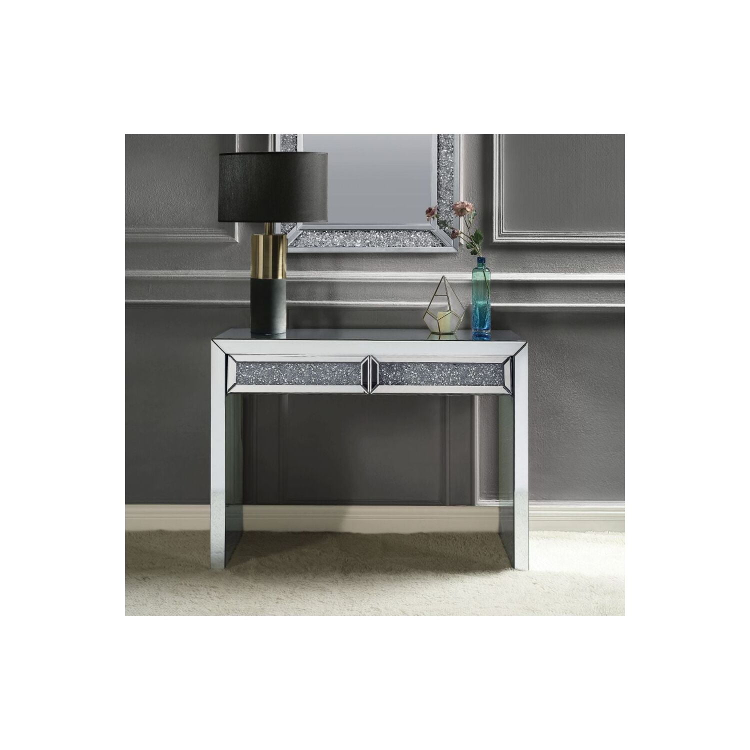 Noralie Mirrored Console Table with Faux Diamonds and Storage