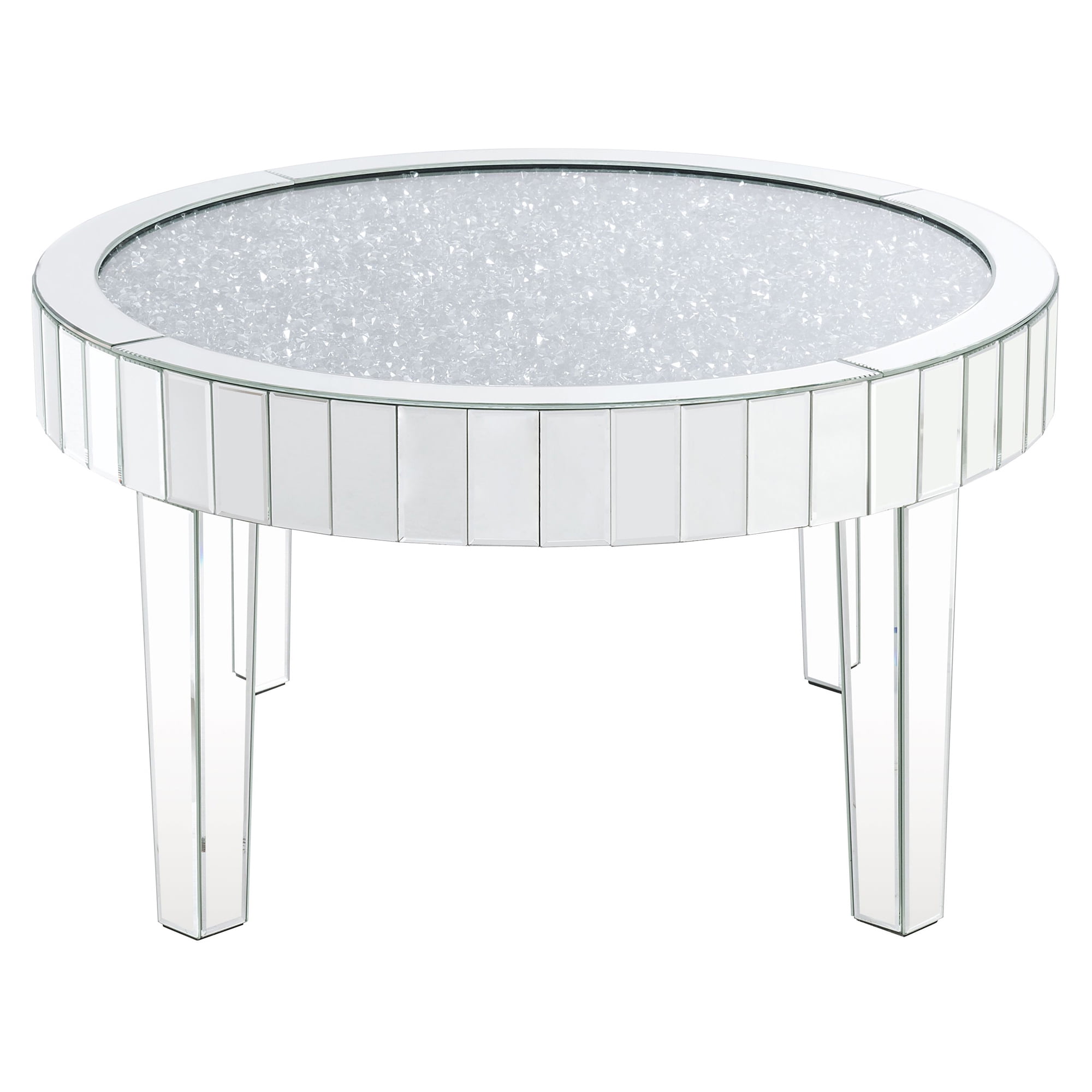 Sleek Round Mirrored Wood Coffee Table with Faux Diamonds