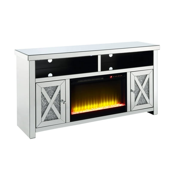 ACME Noralie TV Stand with Fireplace For TVs Upto 60" in Mirrored/Faux Diamonds
