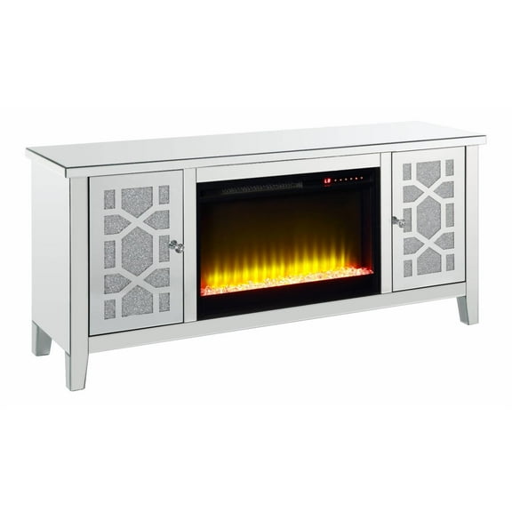 ACME Noralie TV Stand with Fireplace in Mirrored & Faux Diamonds