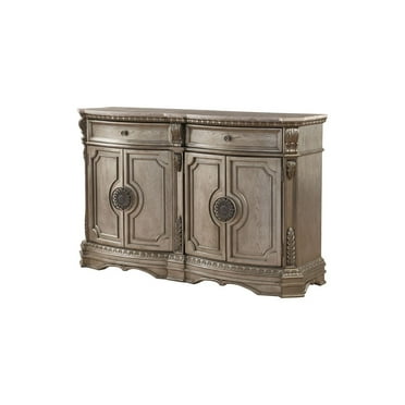 ACME Northville 2-Drawer Marble Top Wooden Server with 4 Doors in Antique Silver