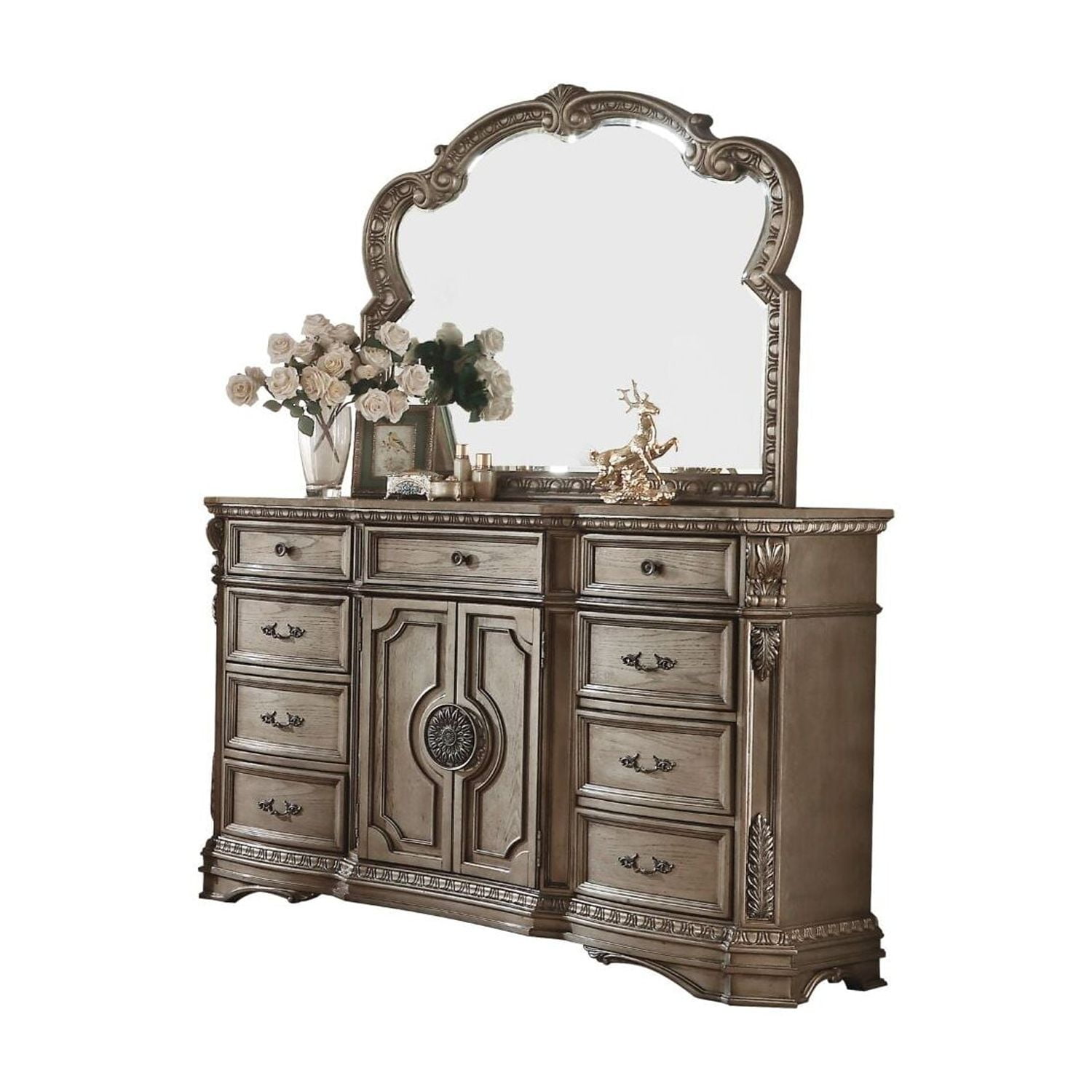 Elegant Gray 69'' Dresser with Dovetail Drawers and Carved Details