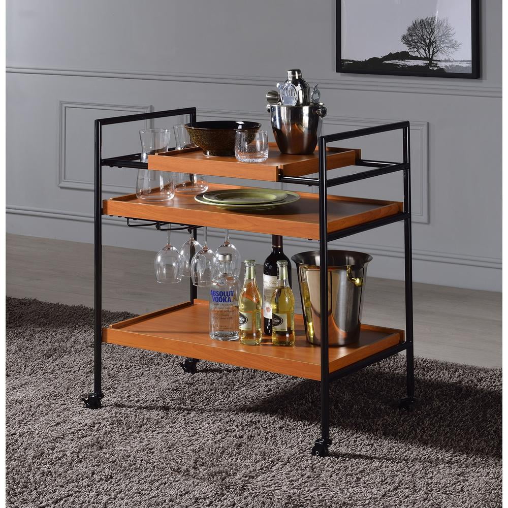 Oaken Honey Oak and Black Serving Cart with Adjustable Shelves