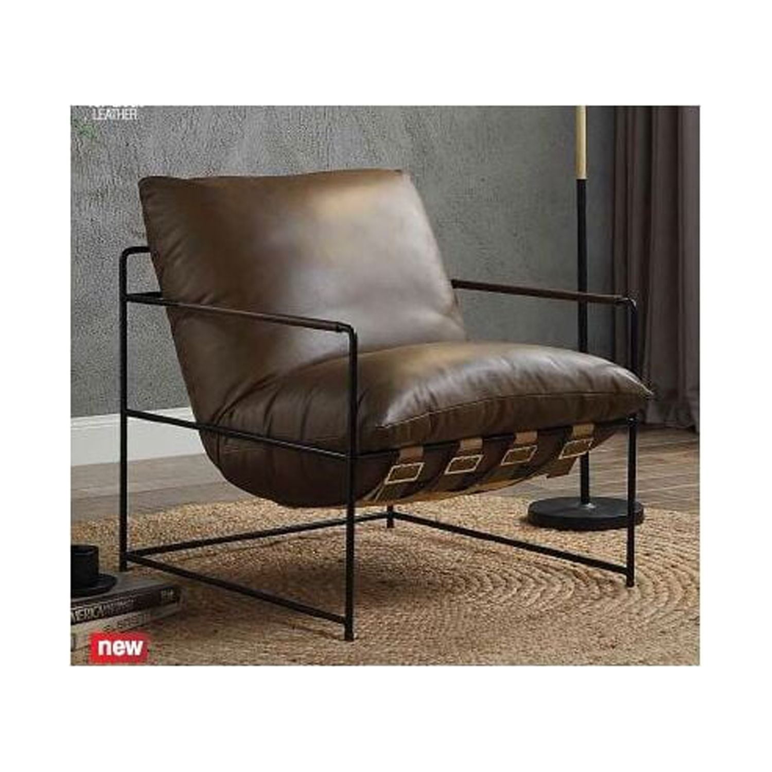 Oralia 27" Brown Leather Accent Chair with Metal Frame