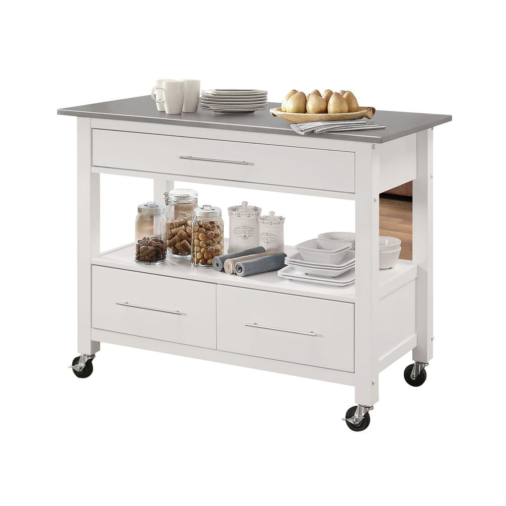Ottawa White and Gray Stainless Steel Kitchen Cart with Storage