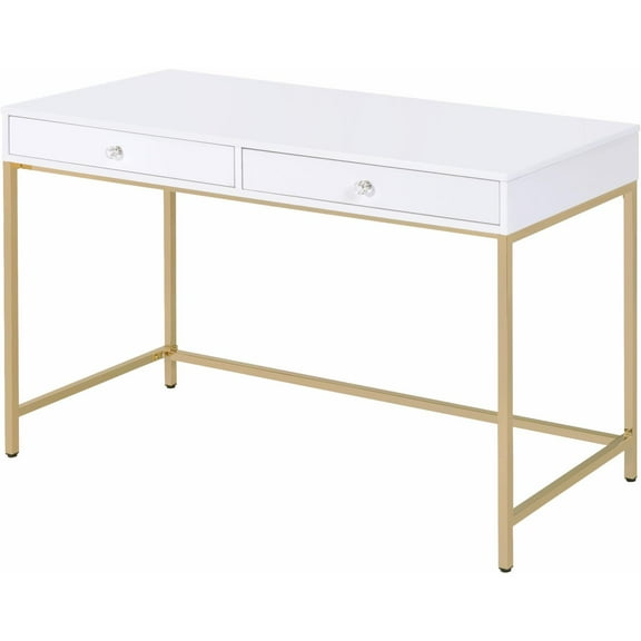ACME Ottey 2-Drawer Vanity Desk with Metal Legs in White High Gloss and Gold