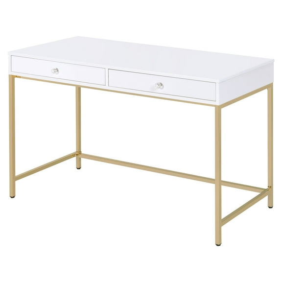 ACME Ottey Storage Writing Desk in White High Gloss and Gold