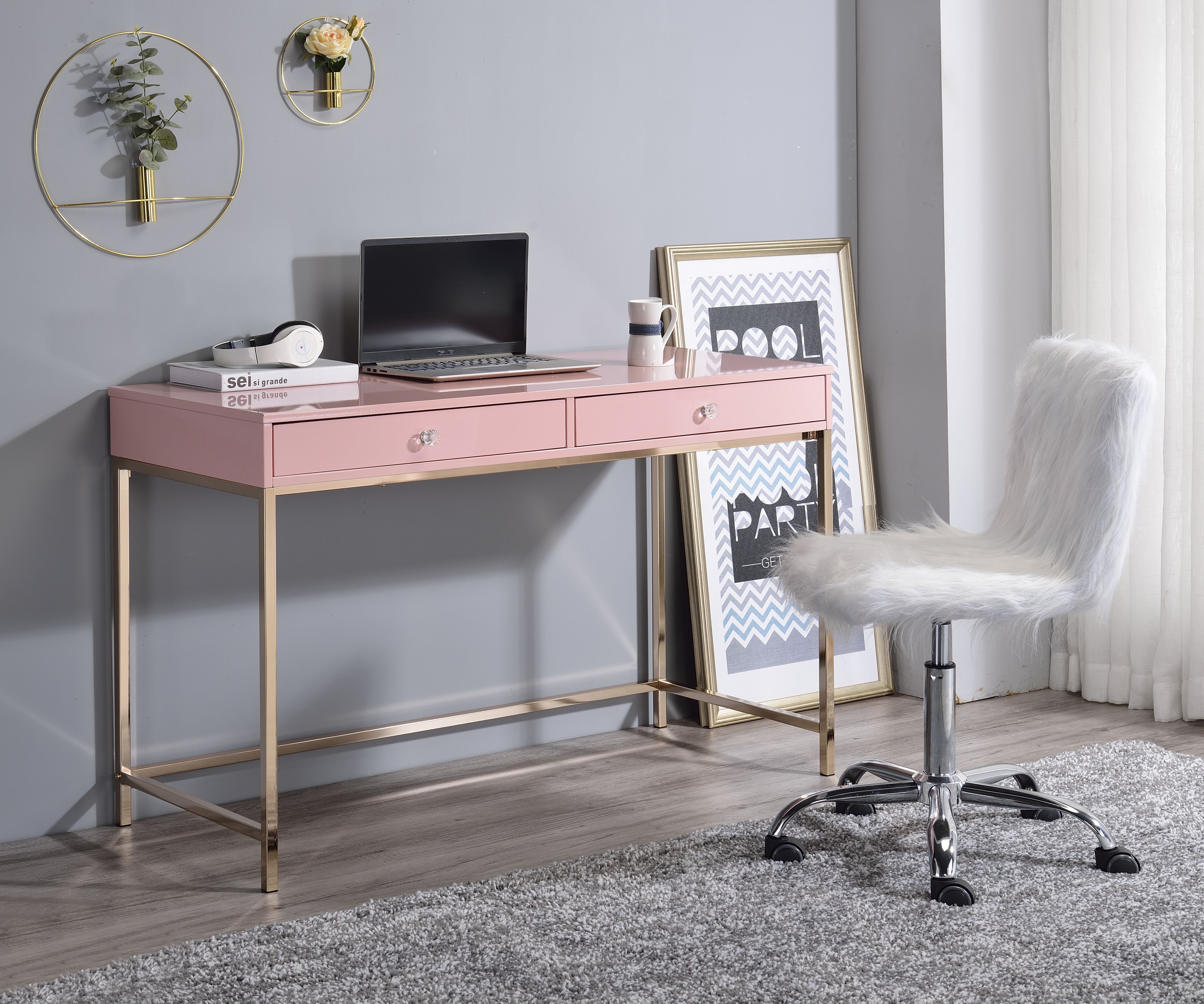 Acme ottey desk in white high gloss & deals gold