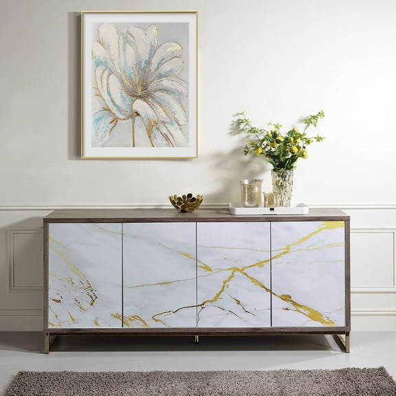 ACME Paavan Contemporary Wood Console Cabinet with White Marble Print in Oak