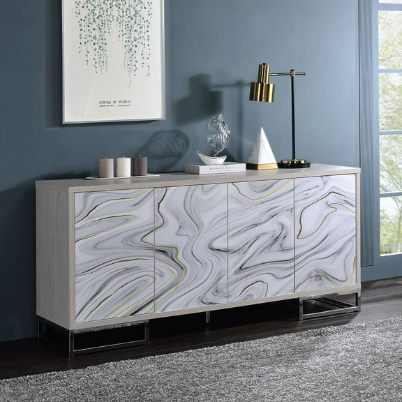 ACME Panos Contemporary Wood Console Cabinet with White Marble Print in Oak