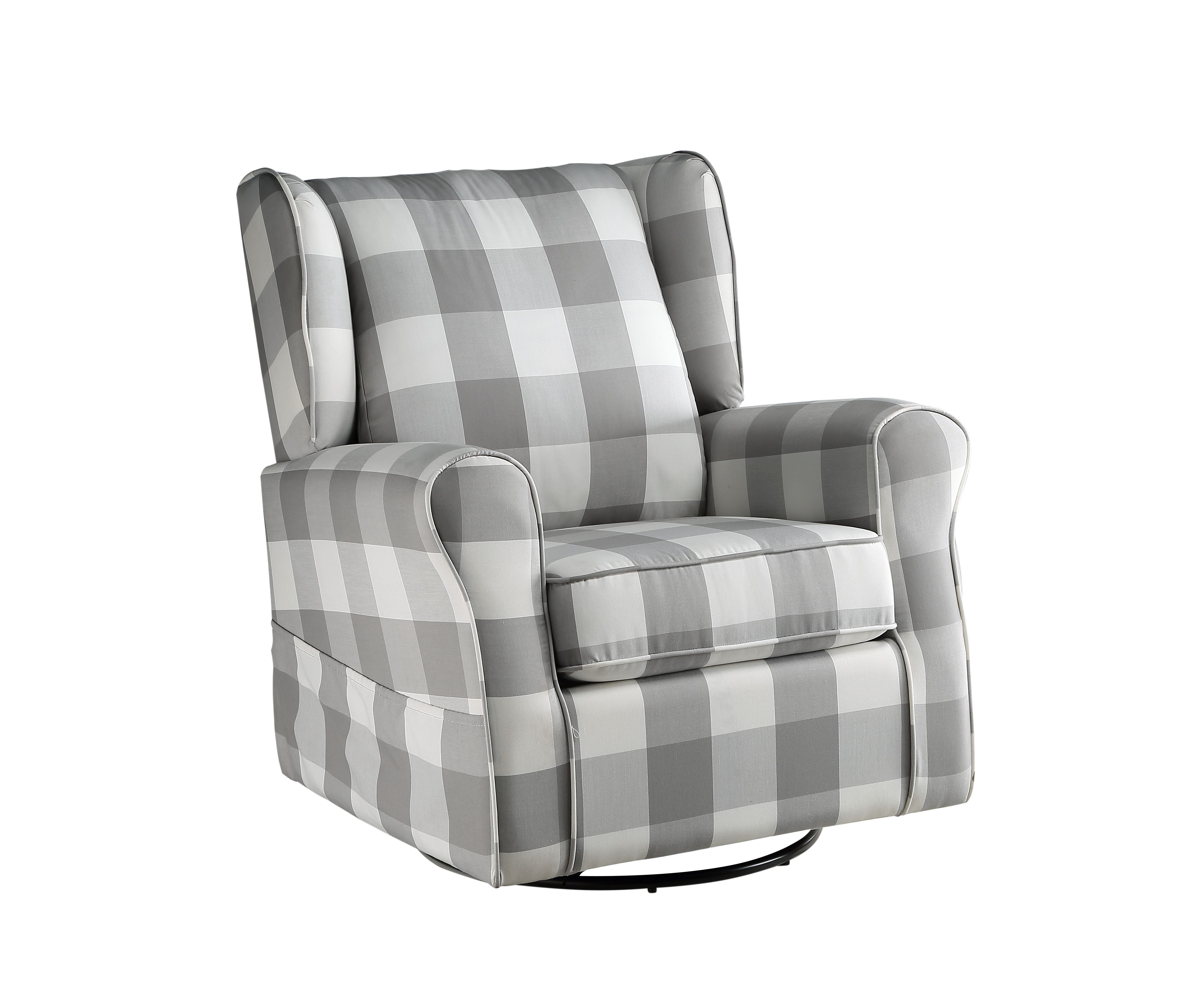 Gray Plaid Swivel Accent Chair with Wood Frame