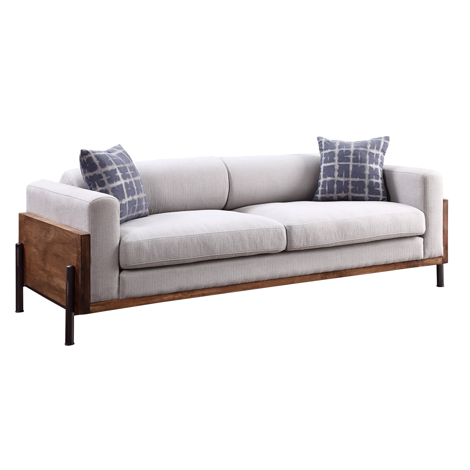 Pelton 91" Light Gray Linen Upholstered Sofa with Walnut Wood Frame