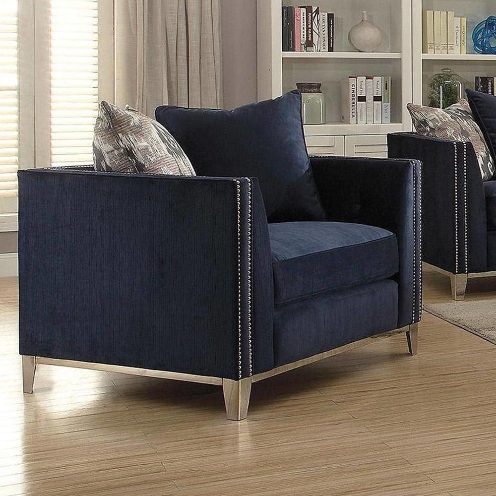 Phaedra Blue Upholstered Sofa with Metal Frame and Pillows