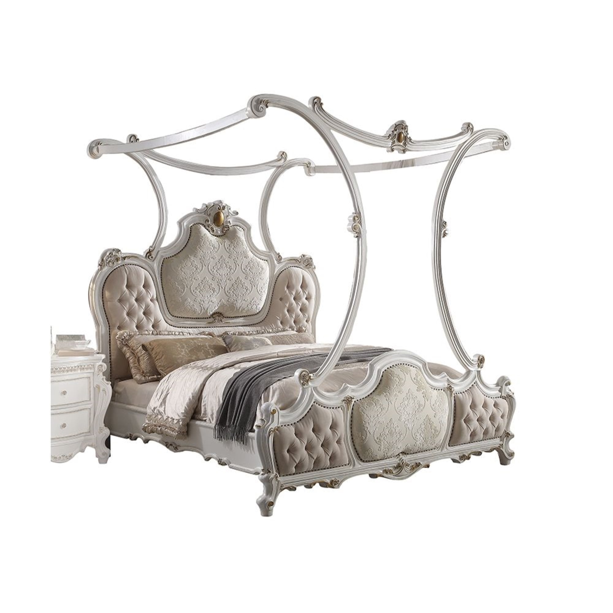Antique Pearl King Canopy Bed with Tufted Upholstery