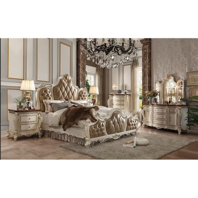 Acme Picardy Queen Bed Butterscotch Synthetic Leather & Antique