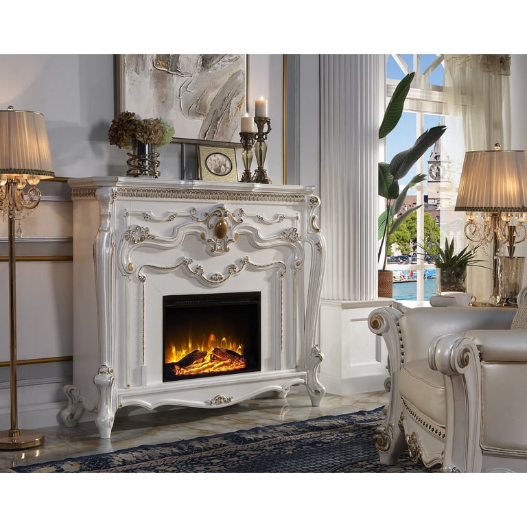 ACME Picardy Antique Pearl Finish Electric Fireplace with Wood