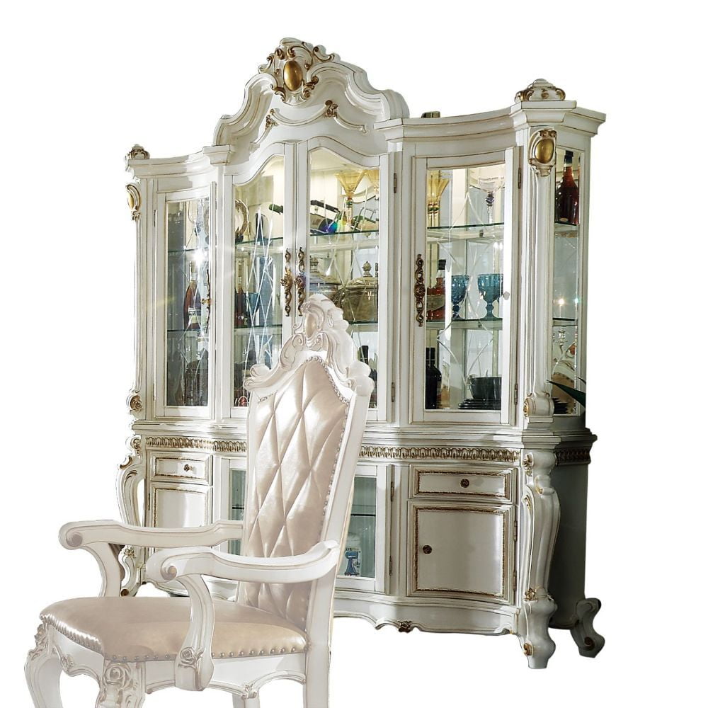Antique Pearl Lighted Curio Cabinet with Glass Doors