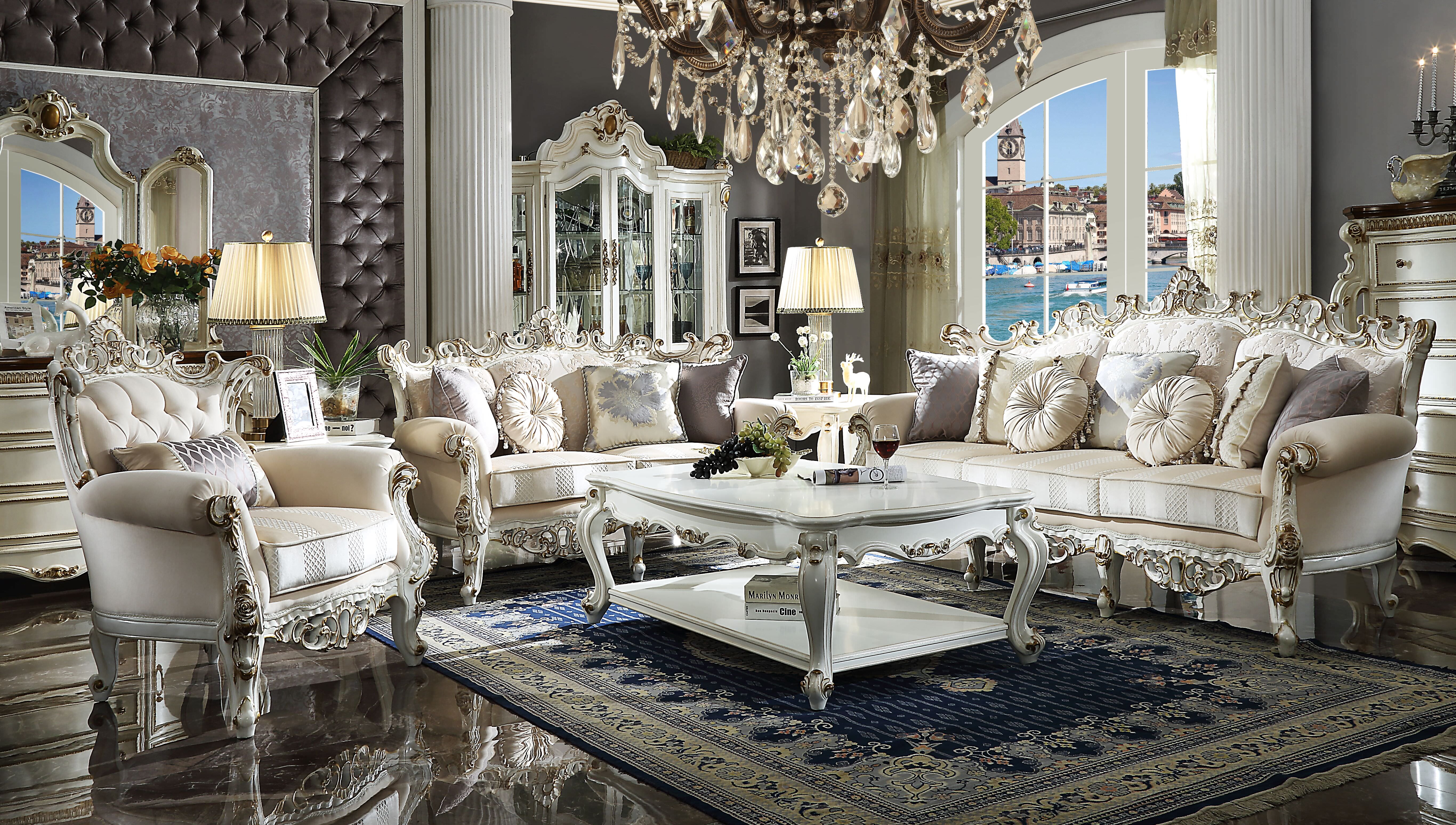 Antique Pearl Floral Tufted Fabric Loveseat with Rolled Arms