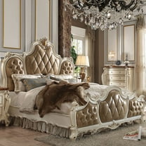 Acme Picardy Panel Eastern King Bed in Butterscotch and Antique Pearl, Wood, Poly Resin, Upholstered