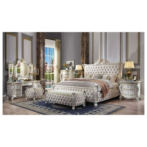 ACME Picardy Queen Bed with Fabric and Antique Pearl