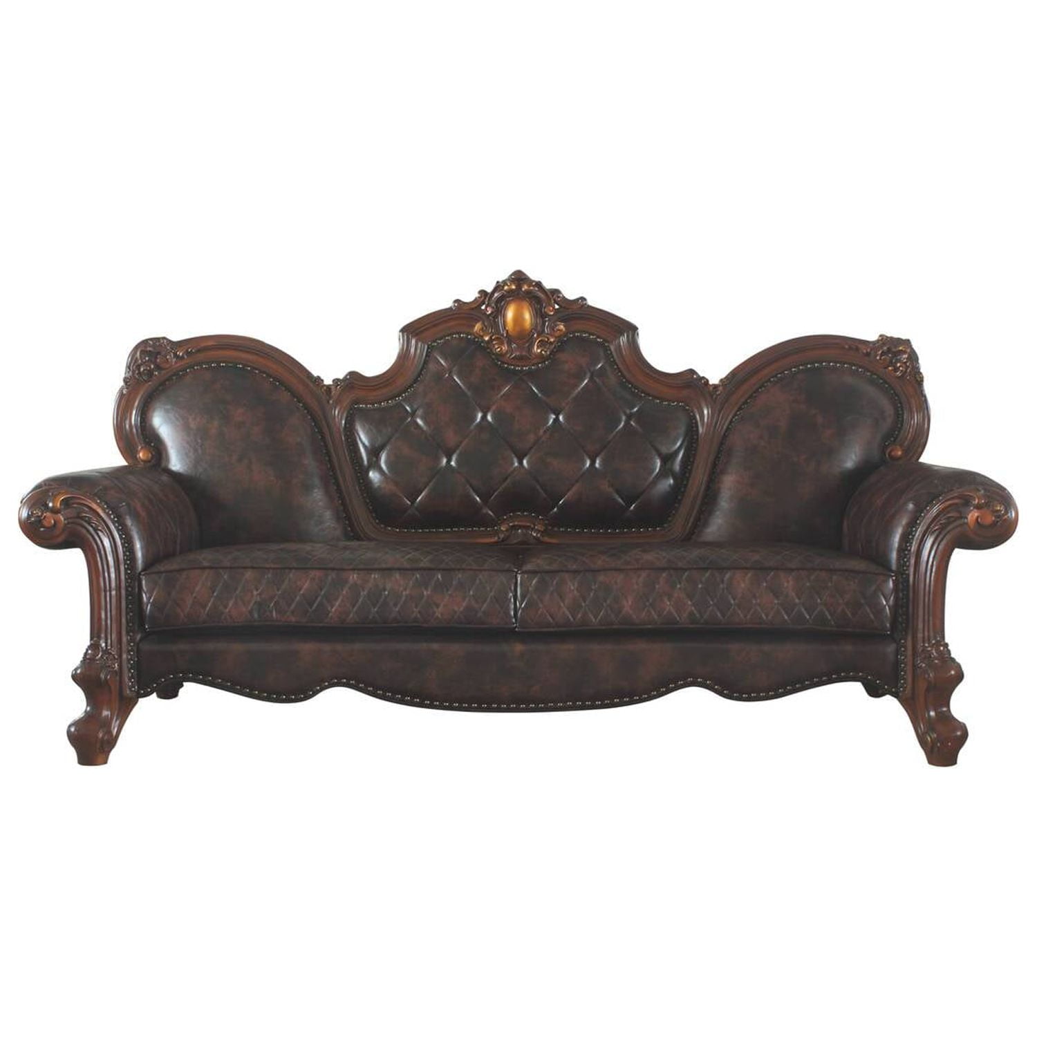 Vintage Cherry Oak Faux Leather Tufted Sofa with Nailhead Trim